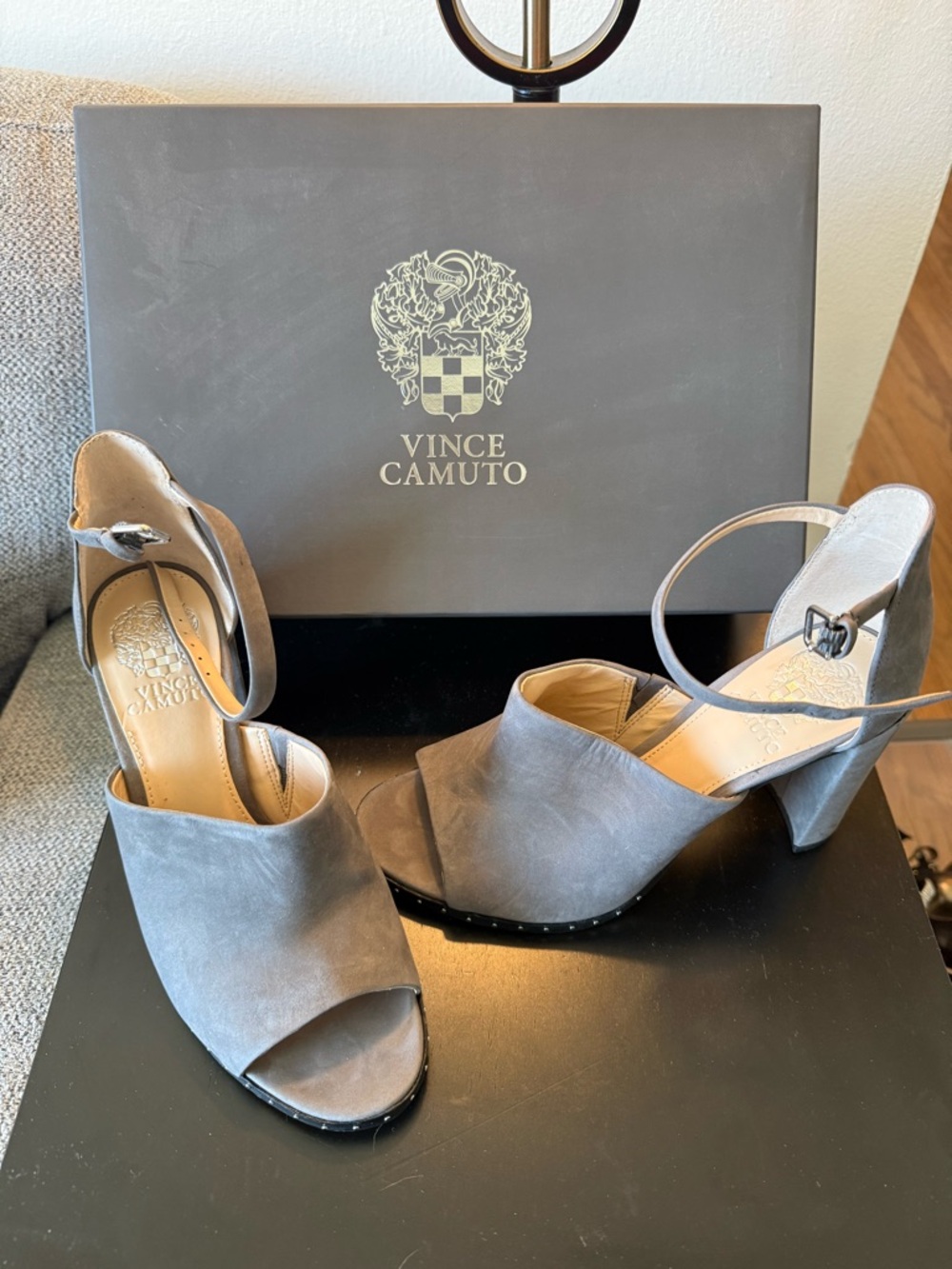 Vince Camuto Gray Suede Open-Toe Ankle-Strap Block Heels